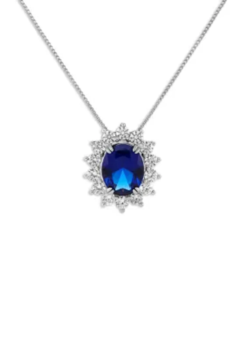 Sterling Silver Oval Center Cubic Zirconia Flower Pendant Necklace