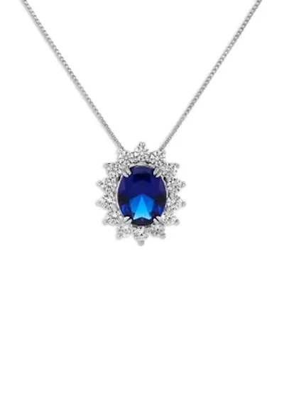 Sterling Silver Oval Center Cubic Zirconia Flower Pendant Necklace