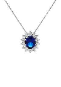 Sterling Silver Oval Center Cubic Zirconia Flower Pendant Necklace