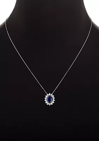 Sterling Silver Oval Center Cubic Zirconia Flower Pendant Necklace