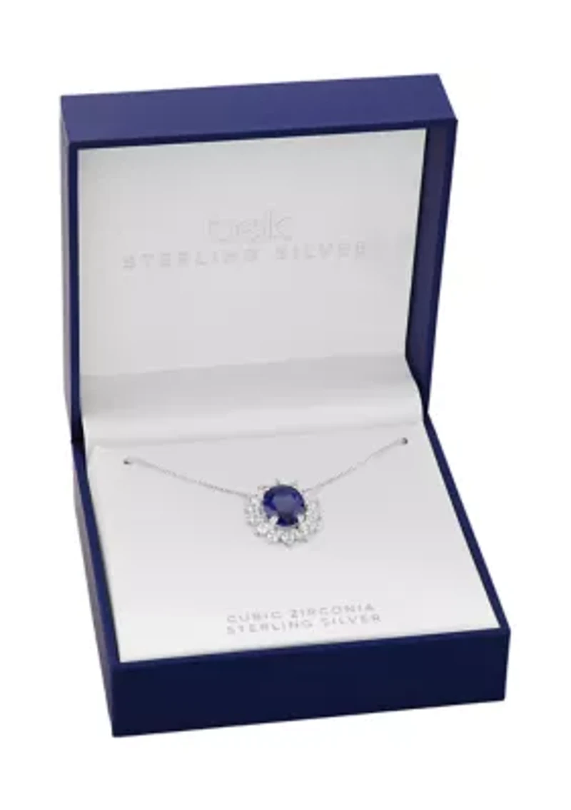 Sterling Silver Oval Center Cubic Zirconia Flower Pendant Necklace