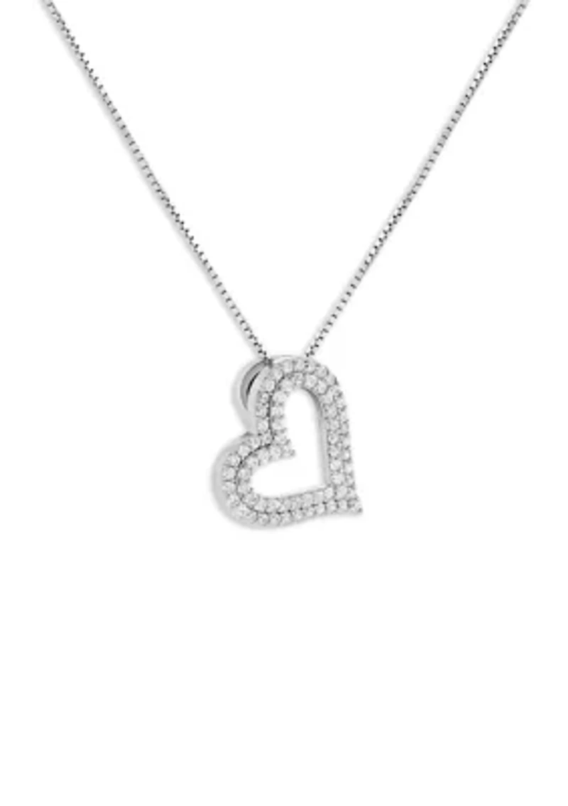 Sterling Silver Pavé Cubic Zirconia Open Heart Pendant Necklace