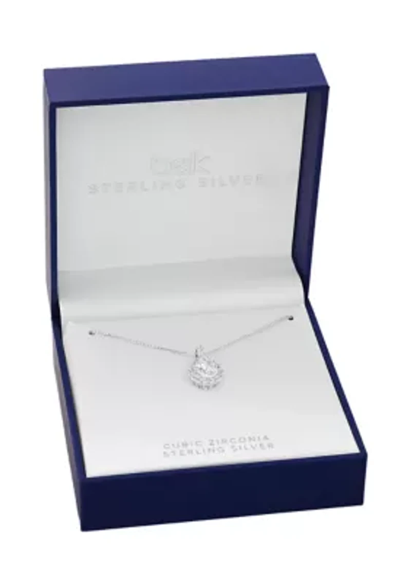 Sterling Silver Pavé Cubic Zirconia Teardrop Pendant Necklace