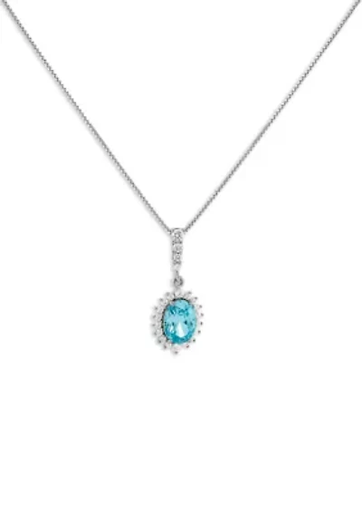 Sterling Silver Cubic Zirconia Aqua Oval Flower Pendant Necklace