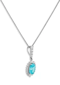 Sterling Silver Cubic Zirconia Aqua Oval Flower Pendant Necklace