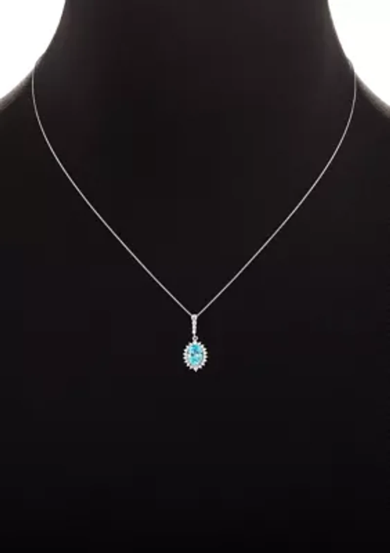 Sterling Silver Cubic Zirconia Aqua Oval Flower Pendant Necklace