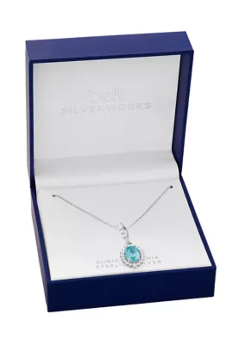 Sterling Silver Cubic Zirconia Aqua Oval Flower Pendant Necklace