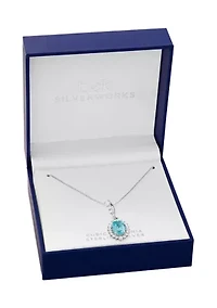 Sterling Silver Cubic Zirconia Aqua Oval Flower Pendant Necklace