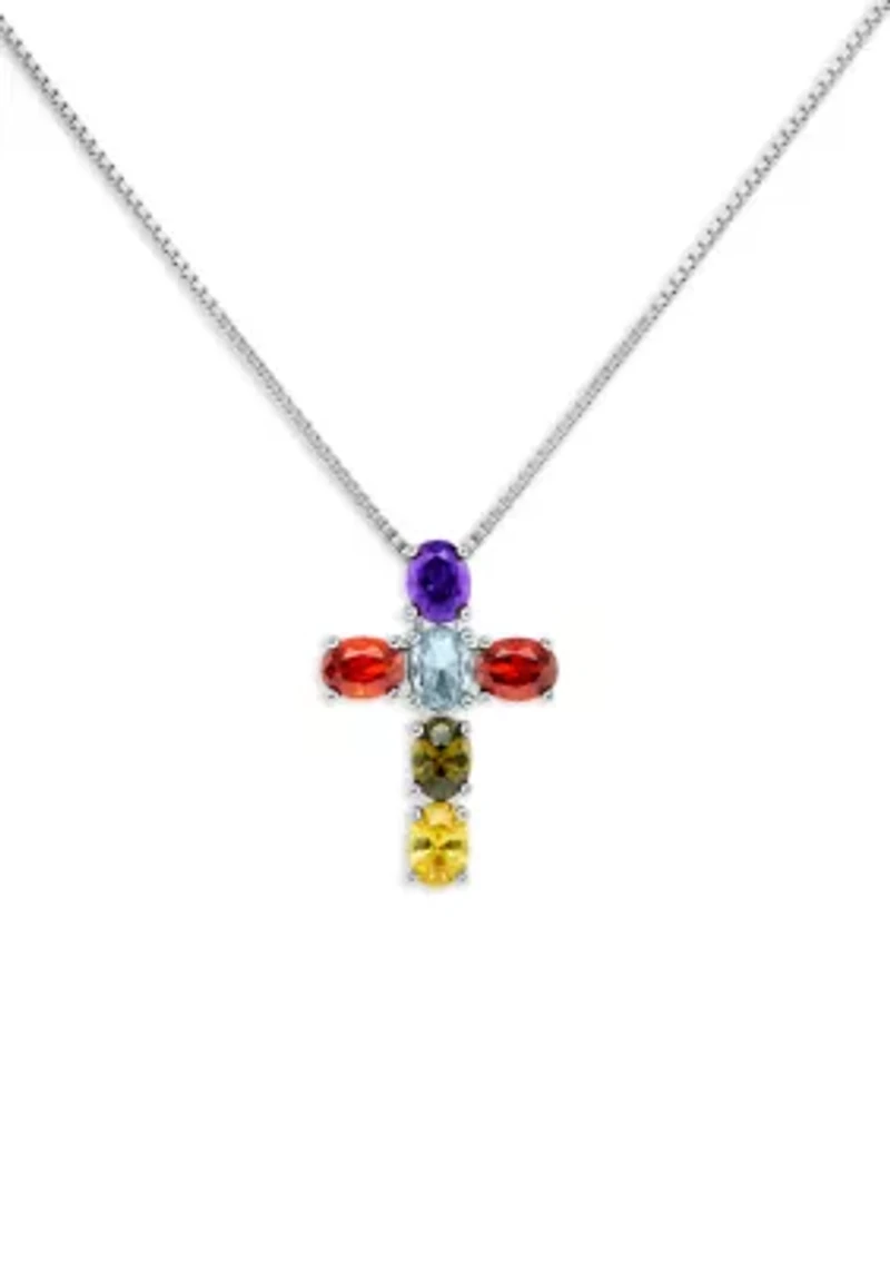Sterling Silver Multi Color Oval Cubic Zirconia Cross Pendant Necklace