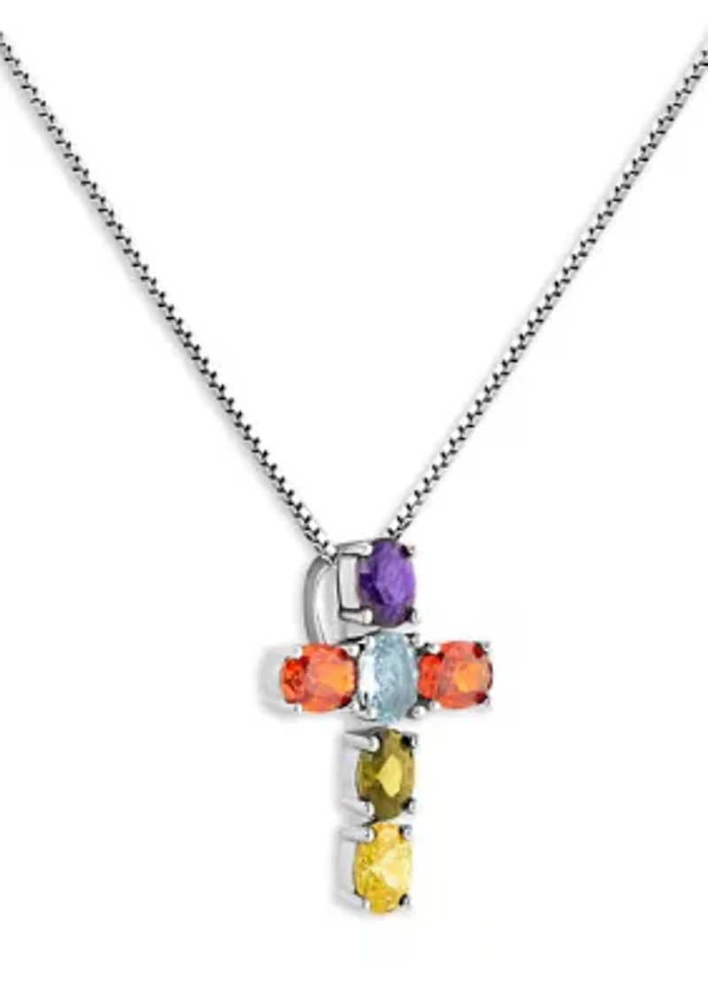 Sterling Silver Multi Color Oval Cubic Zirconia Cross Pendant Necklace