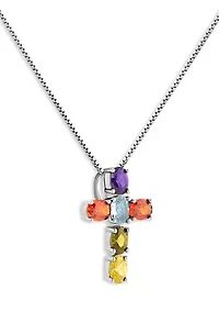 Sterling Silver Multi Color Oval Cubic Zirconia Cross Pendant Necklace