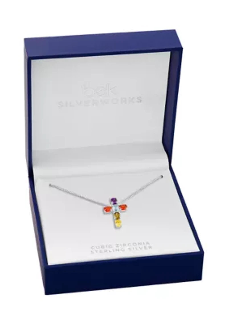 Sterling Silver Multi Color Oval Cubic Zirconia Cross Pendant Necklace