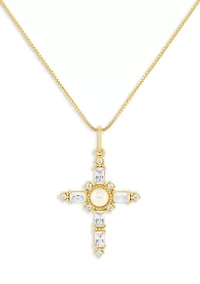 Gold Over Sterling Silver Glass Pearl & Pave Cubic Zirconia Cross Box Chain Pendant Necklace