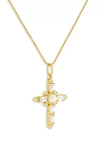 Gold Over Sterling Silver Glass Pearl & Pave Cubic Zirconia Cross Box Chain Pendant Necklace