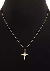 Gold Over Sterling Silver Glass Pearl & Pave Cubic Zirconia Cross Box Chain Pendant Necklace
