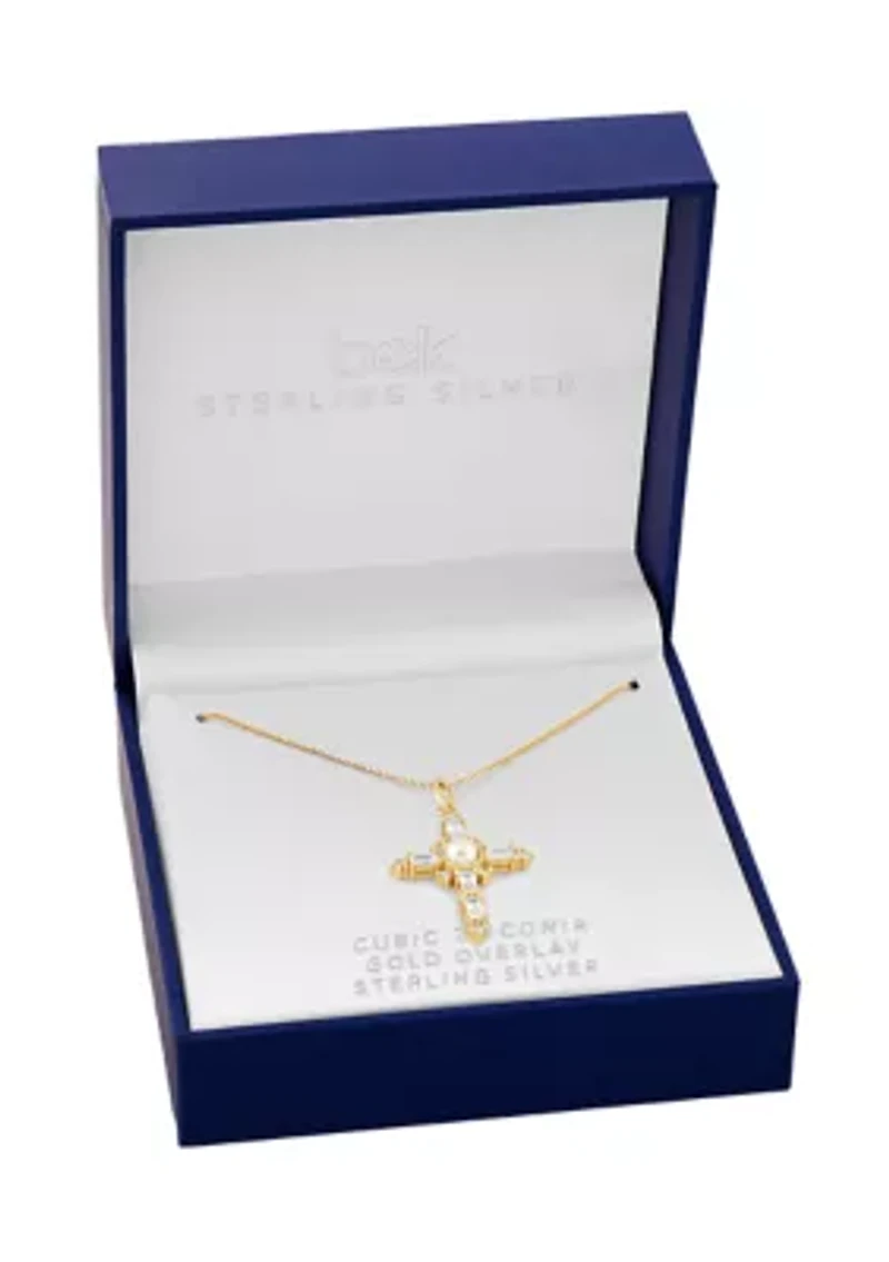 Gold Over Sterling Silver Glass Pearl & Pave Cubic Zirconia Cross Box Chain Pendant Necklace