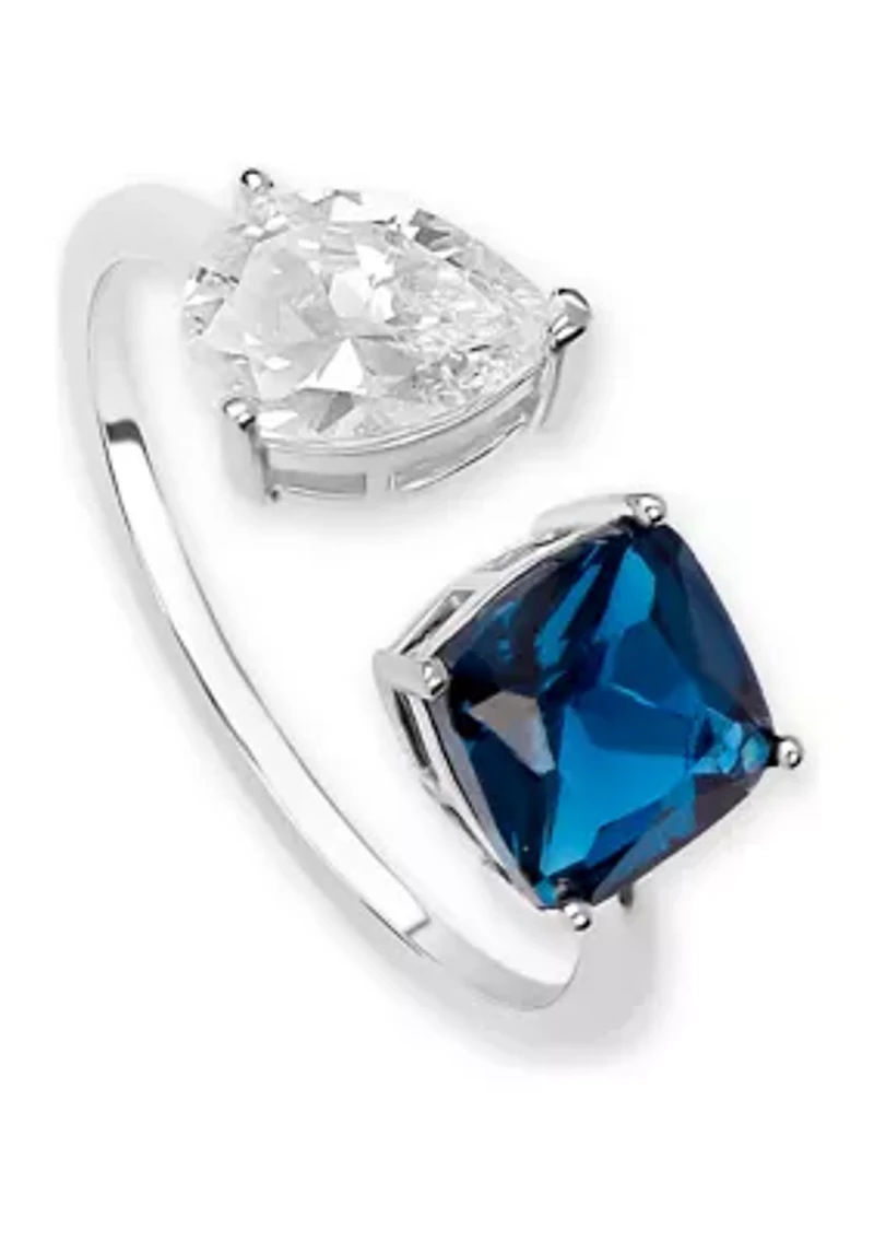 Sterling Silver Blue Cushion Cubic Zirconia Pear Open Ring