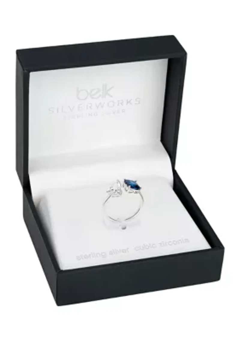 Sterling Silver Blue Cushion Cubic Zirconia Pear Open Ring