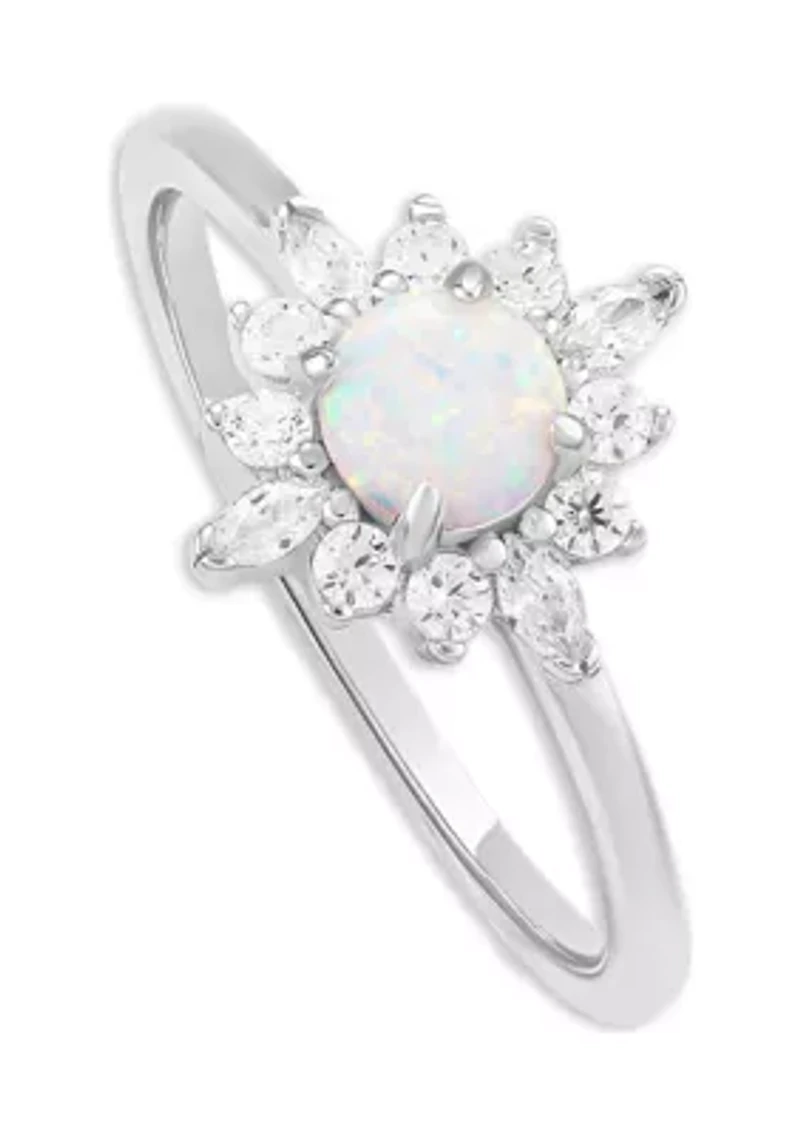 Sterling Silver Cubic Zirconia Opal Center Cluster Ring - 7