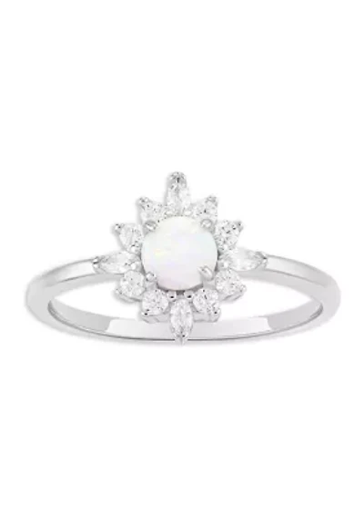 Sterling Silver Cubic Zirconia Opal Center Cluster Ring - 7