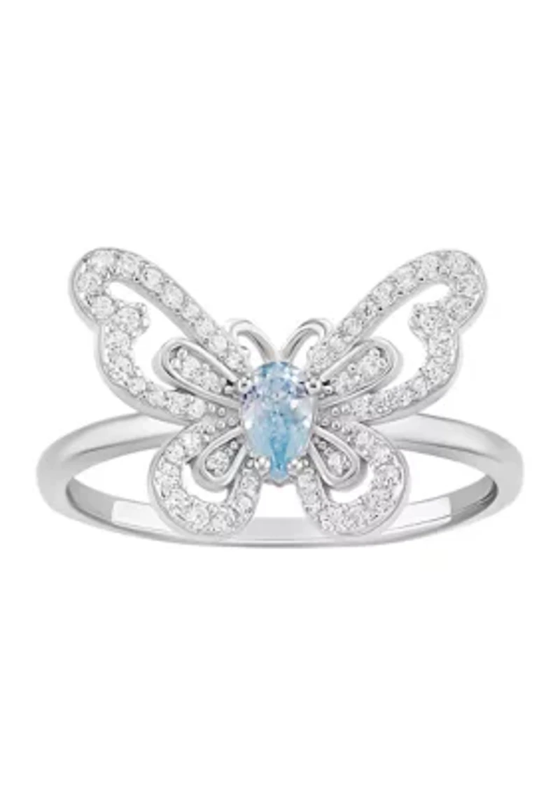 Sterling Silver Cubic Zirconia Aqua Pear Butterfly Ring