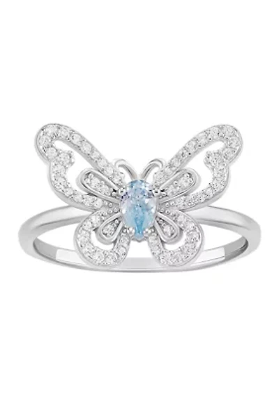 Sterling Silver Cubic Zirconia Aqua Pear Butterfly Ring