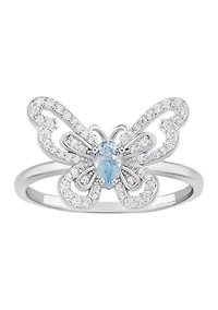 Sterling Silver Cubic Zirconia Aqua Pear Butterfly Ring