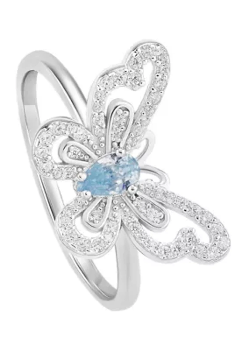 Sterling Silver Cubic Zirconia Aqua Pear Butterfly Ring
