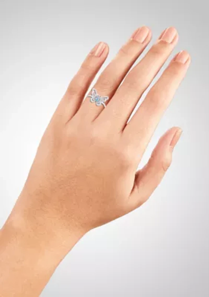 Sterling Silver Cubic Zirconia Aqua Pear Butterfly Ring