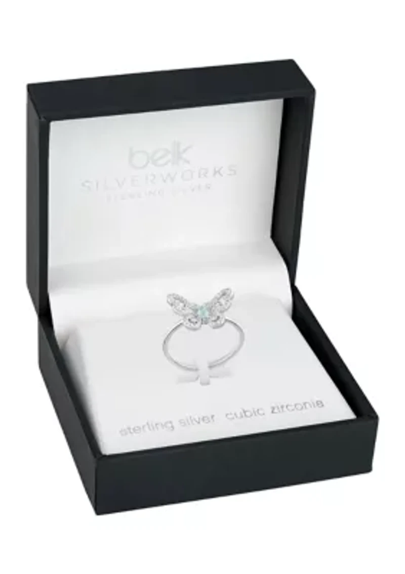 Sterling Silver Cubic Zirconia Aqua Pear Butterfly Ring