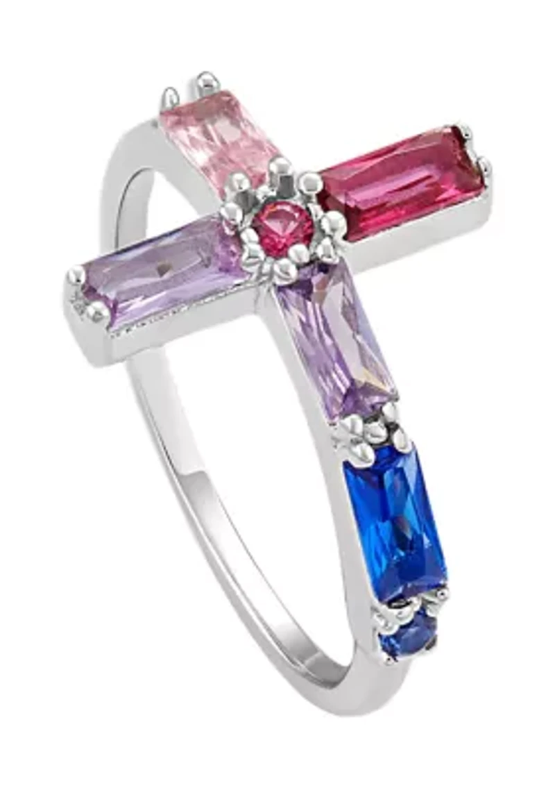 Sterling Silver Multicolor Baguette Cubic Zirconia Cross Ring