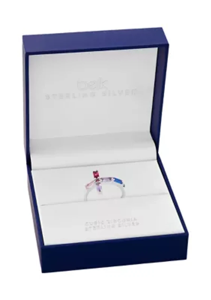 Sterling Silver Multicolor Baguette Cubic Zirconia Cross Ring