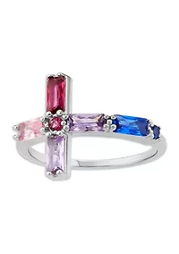 Sterling Silver Multicolor Baguette Cubic Zirconia Cross Ring