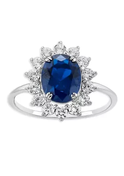 Sterling Silver Oval Sapphire Spinel Cubic Zirconia Flower Ring