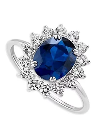 Sterling Silver Oval Sapphire Spinel Cubic Zirconia Flower Ring