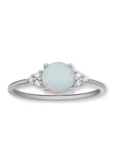 Sterling Silver Round Opal Cubic Zirconia Cluster Ring