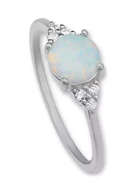 Sterling Silver Round Opal Cubic Zirconia Cluster Ring