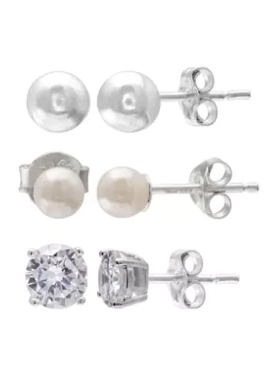 Sterling Silver Trio Set Ball Pearl Stud Earrings