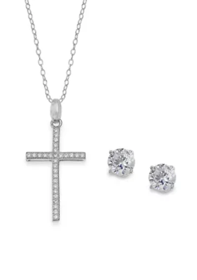 Simply Sterling Silver Cubic Zirconia Stud Earrings & Cross Pendant Necklace Boxed Set