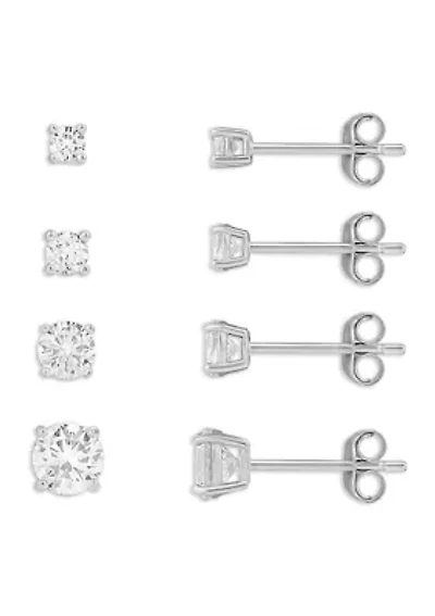 Sterling Silver 2.5, 3, 4, and 5 Millimeter Round Cubic Zirconia Stud Earrings Quad Set