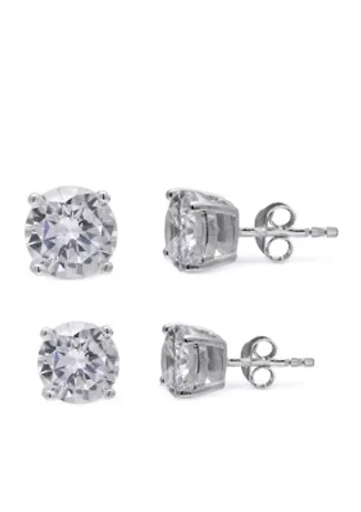 Simply Sterling Silver Duo Round Cubic Zirconia Stud Earring Set