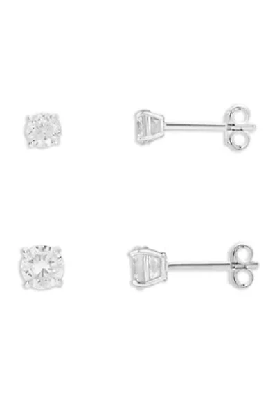 Sterling Silver 4 Millimeter and 5 Millimeter Round Cubic Zirconia Stud Earrings Duo
