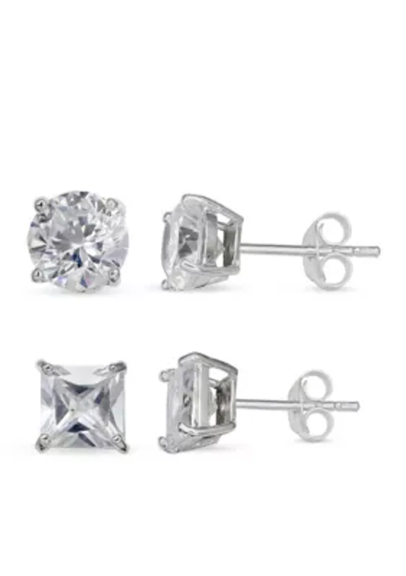 Simply Sterling Silver Duo Cubic Zirconia Round & Princess Stud Earring Set