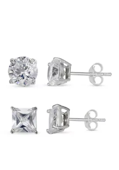 Simply Sterling Silver Duo Cubic Zirconia Round & Princess Stud Earring Set