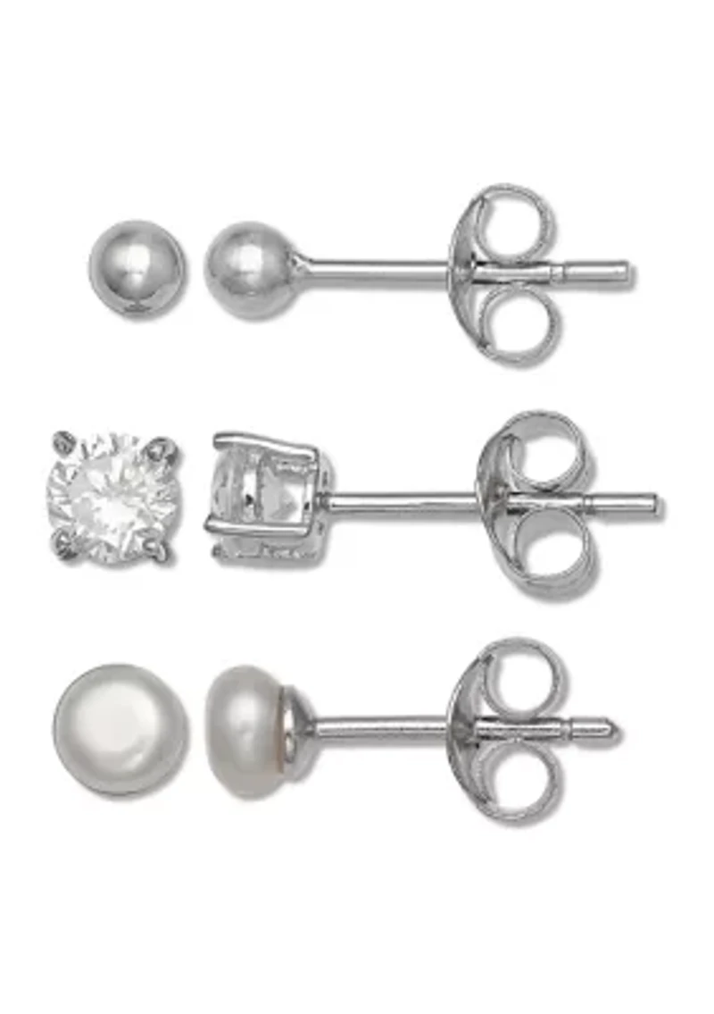 Ball, 1 ct. t.w. Cubic Zirconia, and Pearl Earring Set