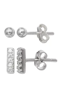 Cubic Zirconia Bar Stud and 3 Millimeter Ball Stud Earrings 