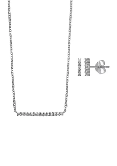 Sterling Silver Pavé Cubic Zirconia Bar Necklace and Stud Earring Set