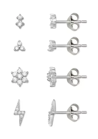 Cubic Zirconia Flower Bolt Stud Earrings Set 