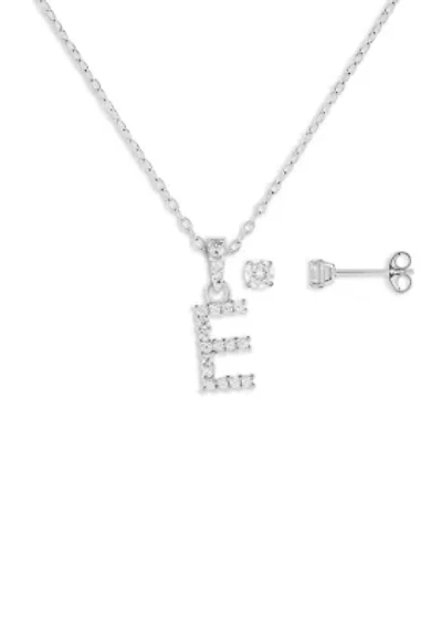 Sterling Silver Cubic Zirconia Initial and Round Earrings Set in Ornament Gift Box