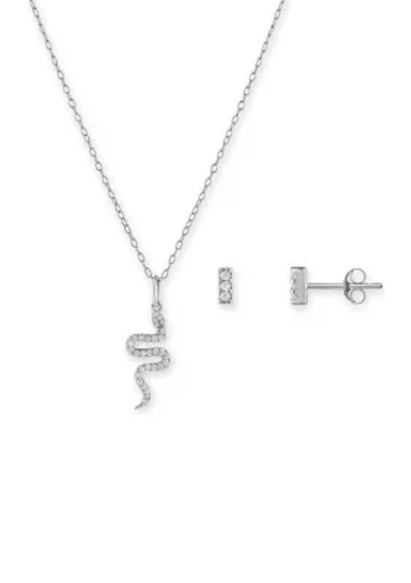 Sterling Silver Pavé Cubic Zirconia Snake Pendant & Bar Stud Set